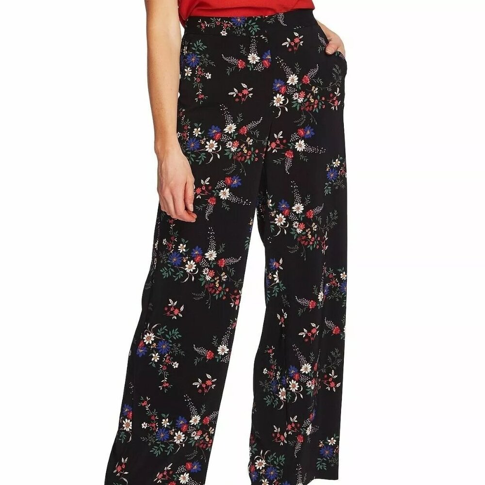 NWOT Vince Camuto black flowy dress pants with bright flower print, size 6